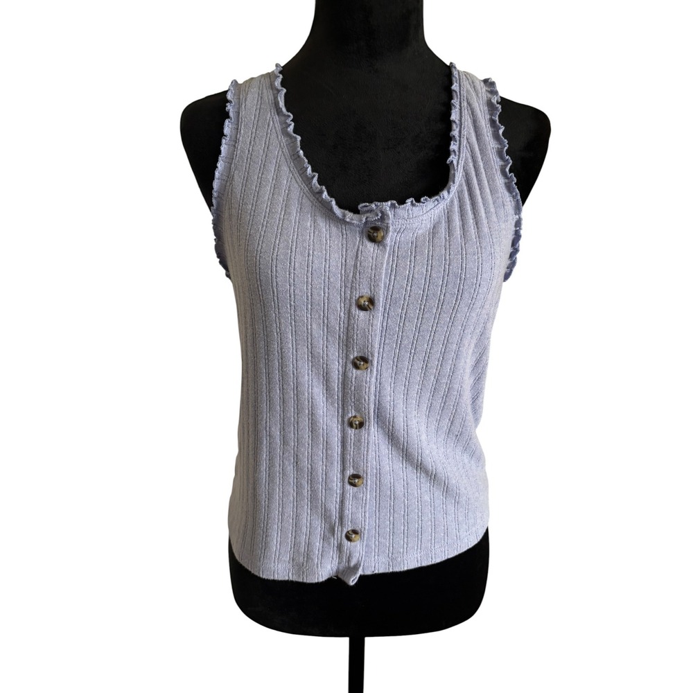 SO Ribbed Button Front Tank Top Trim Light Blue Sleeveless Scoop Neck